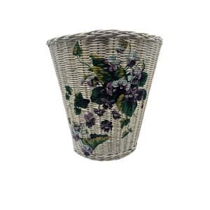 Vintage Woven Wicker Rattan Wastebasket White Purple Green Floral Round‎